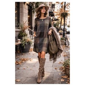 O-NELCE Patchwork Knit Plaid Knee Length Shift Dress Earth Tone Sz M Lagenlook